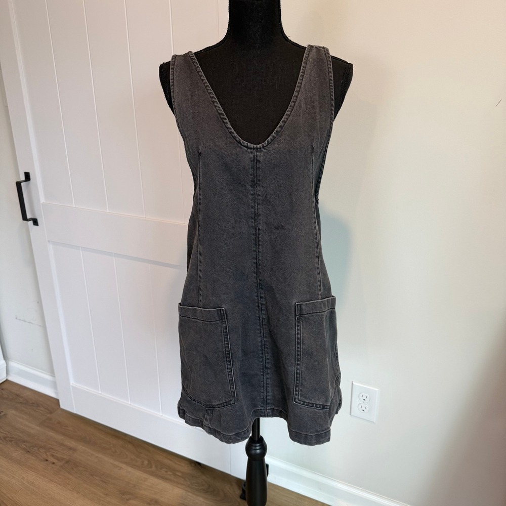 We The Free Free People Washed Black Denim Pinafore Mini Dress Pockets